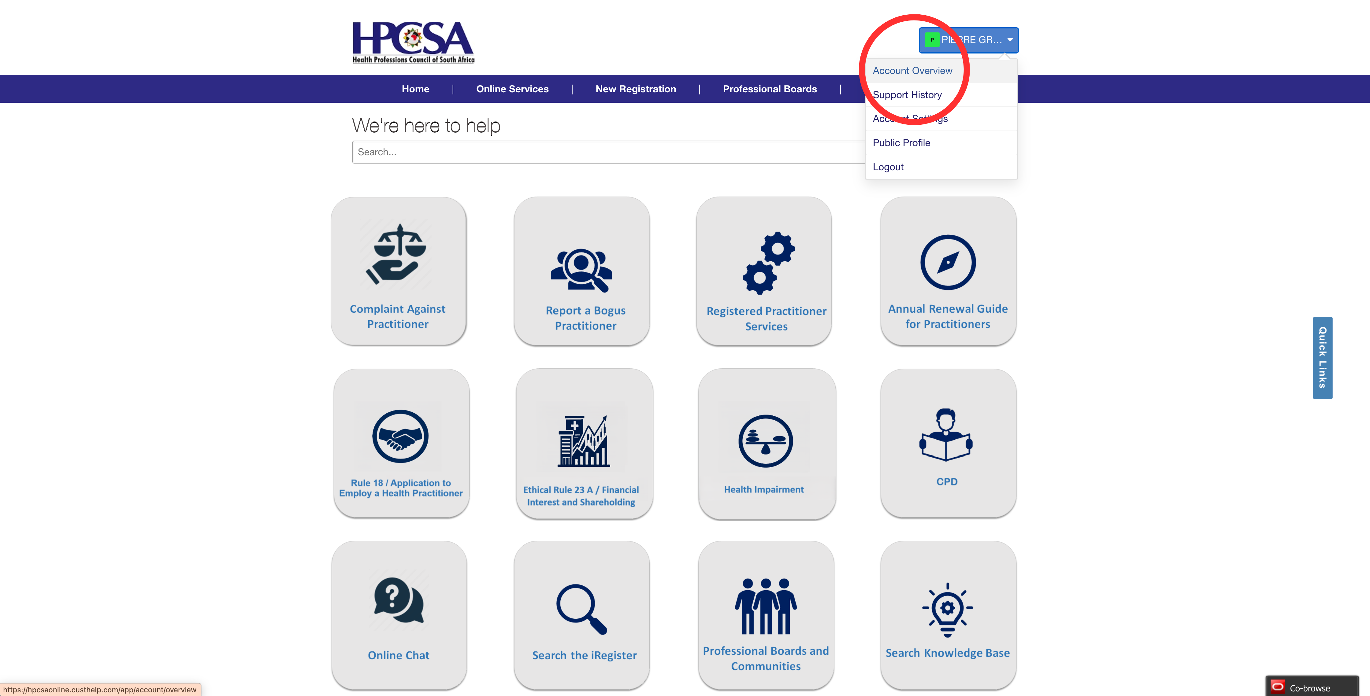 HPCSA portal home page with the user name dropdown opened and Account Overview highlighted