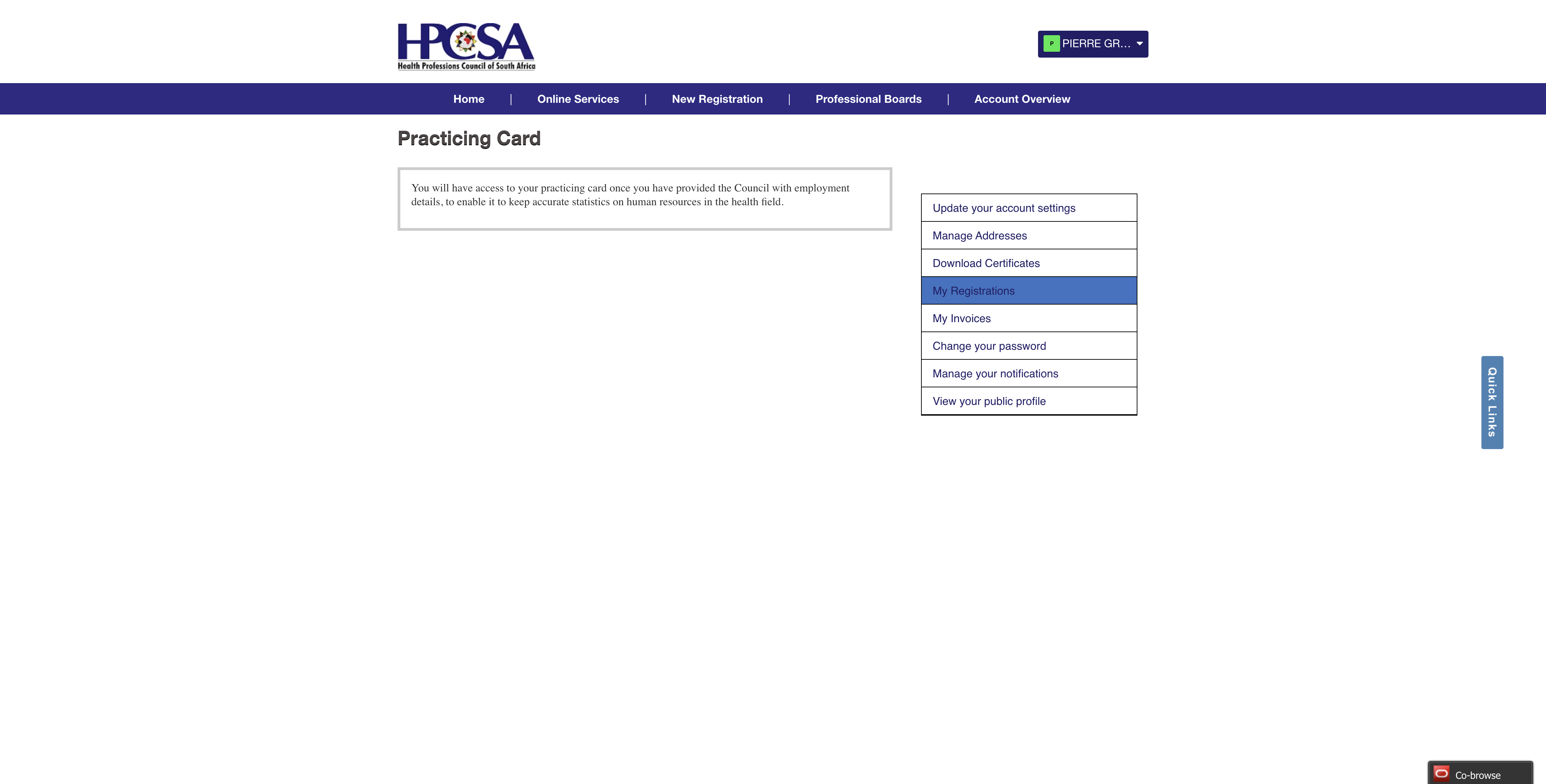 HPCSA Account Overview page with My Registrations highlighted in the right side menu