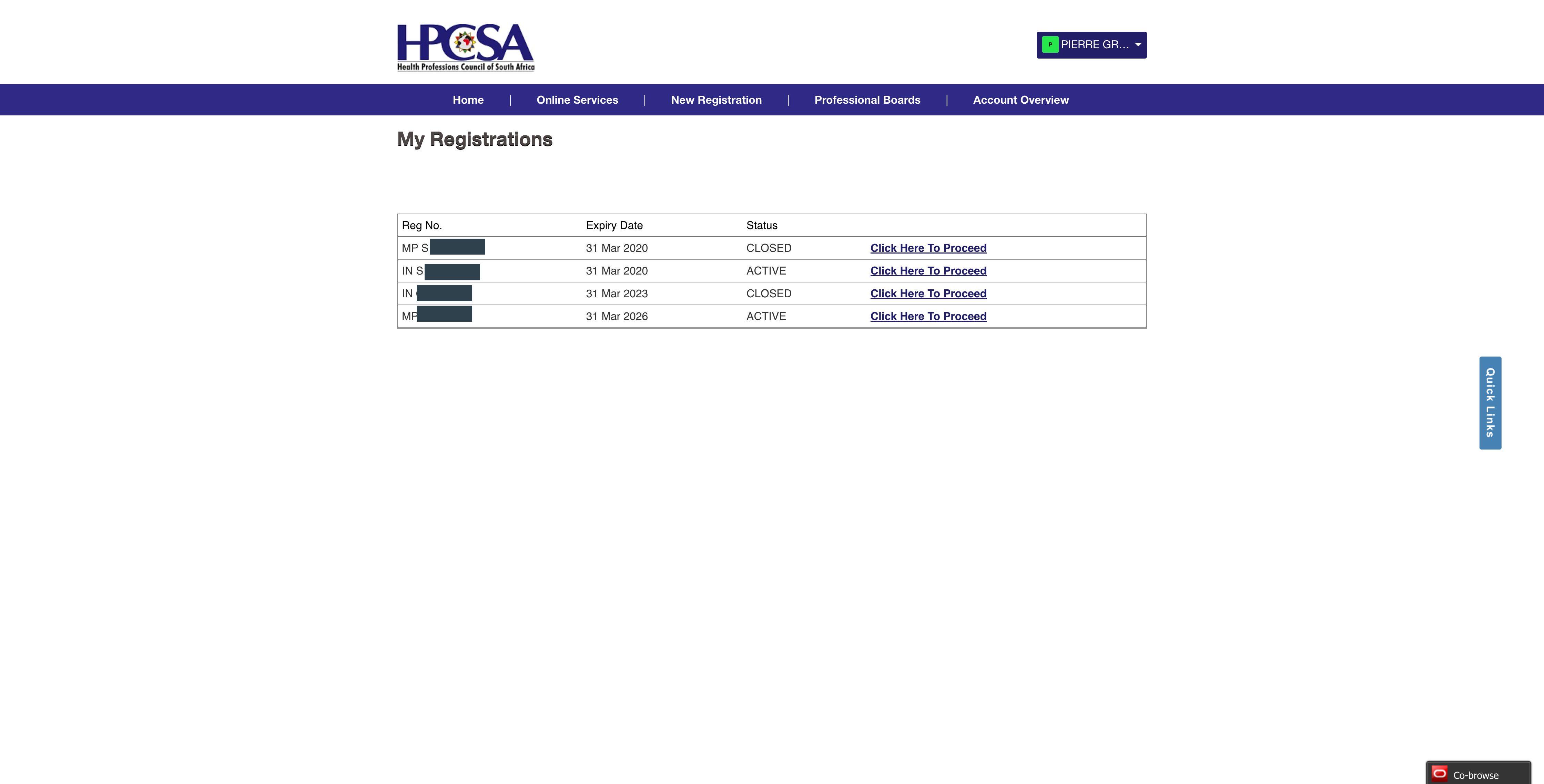 HPCSA My Registrations table with the Click Here To Proceed link on the active practitioner row highlighted