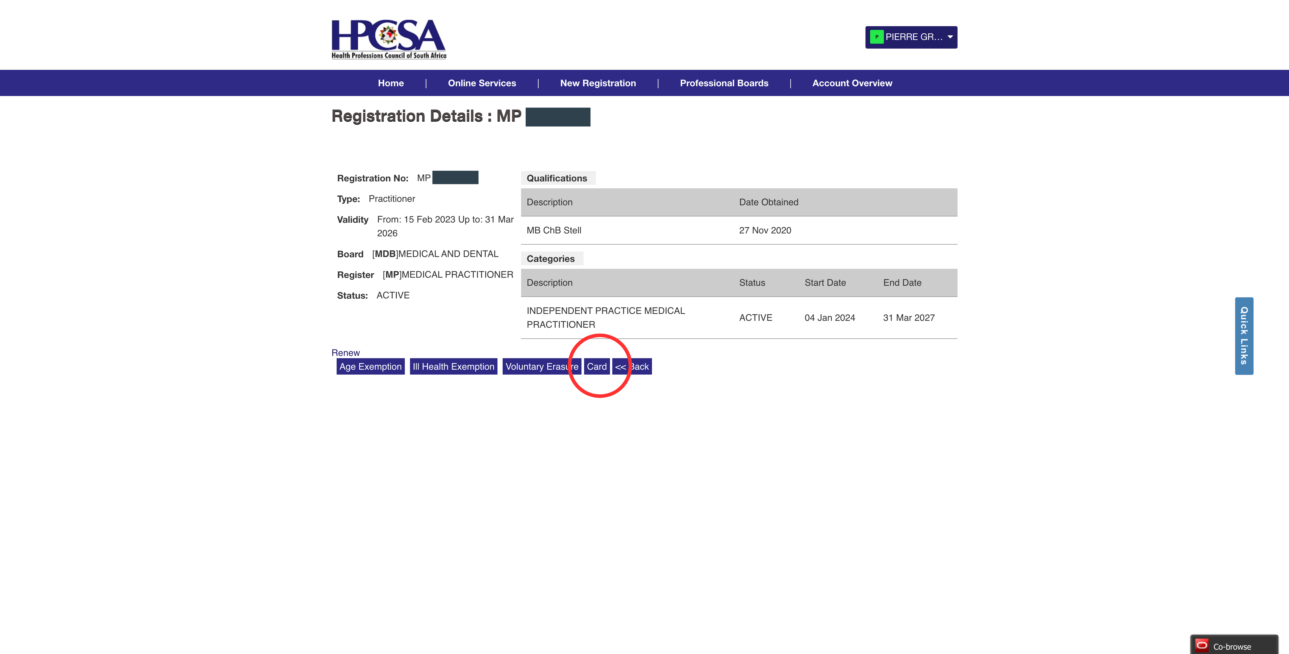 HPCSA Registration Details page with the Card button highlighted