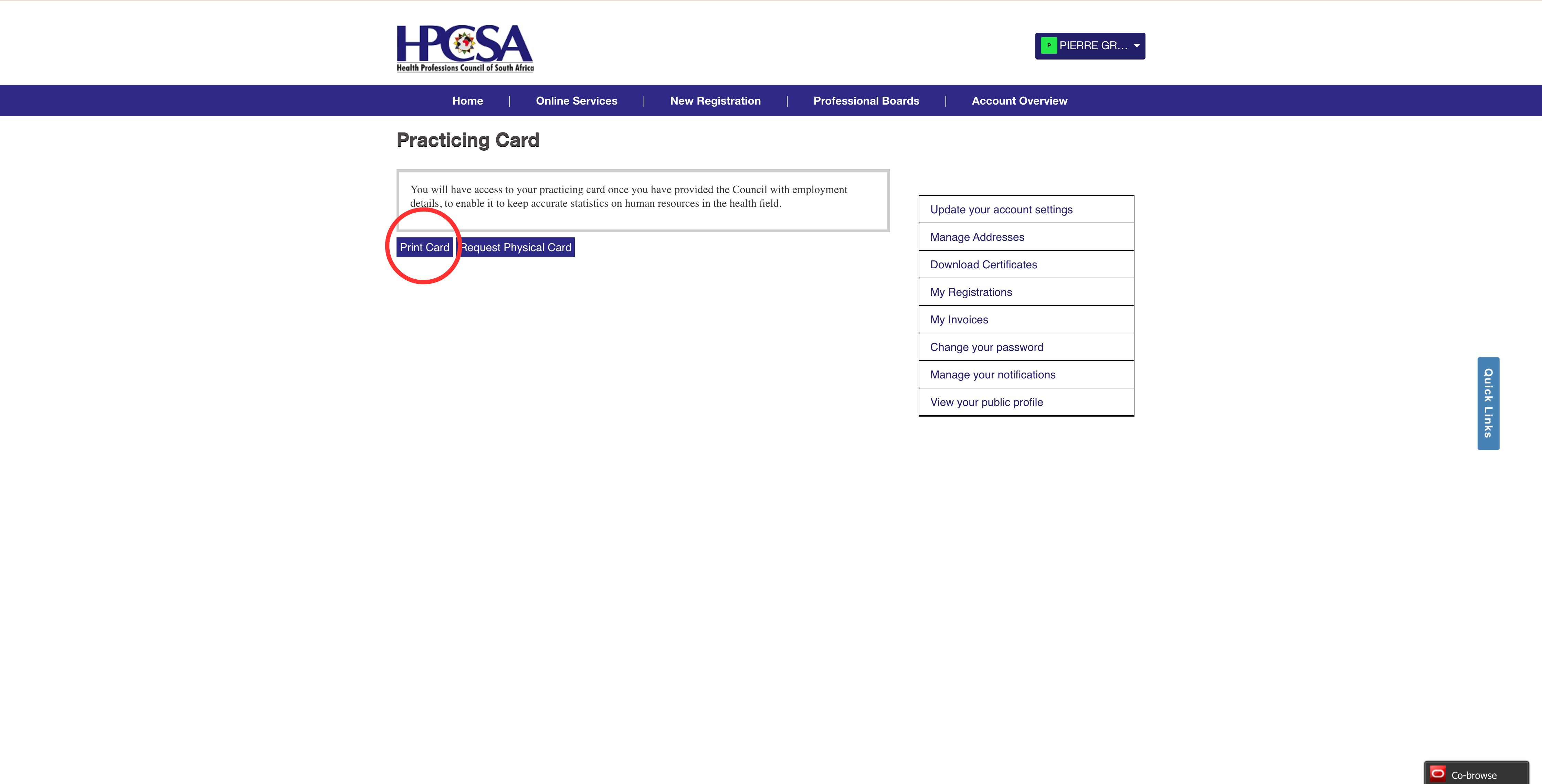 HPCSA Practicing Card page with the Print Card button highlighted