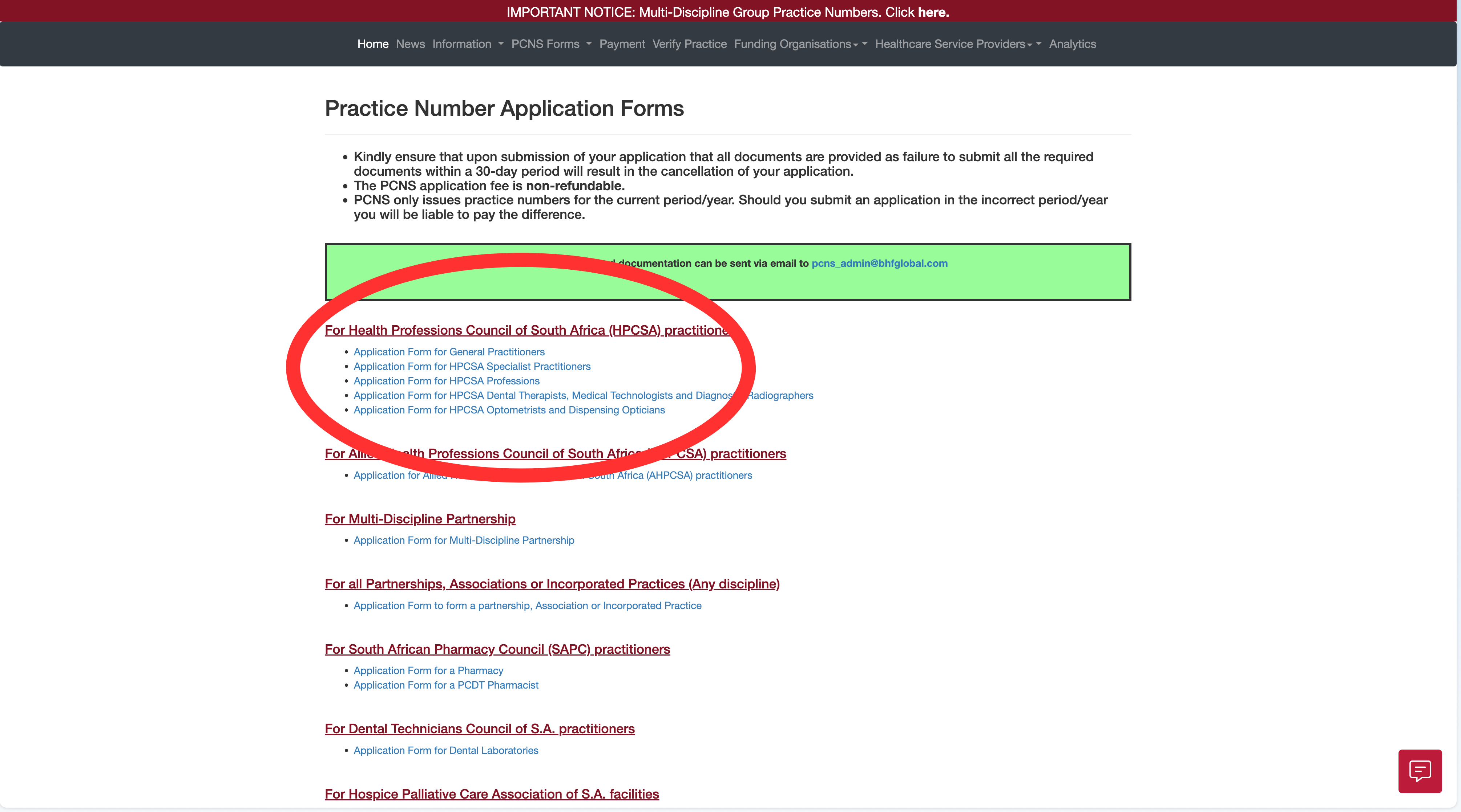 PCNS Application Forms page with the HPCSA practitioners section circled — Application Form for General Practitioners is the first link in the list