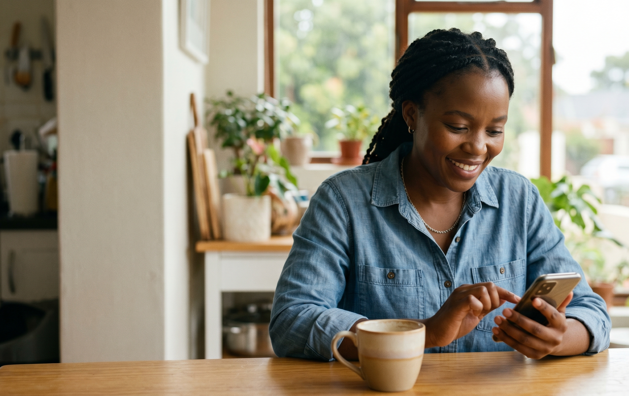 A South African doctor smiling while using her phone at a sunlit kitchen table.