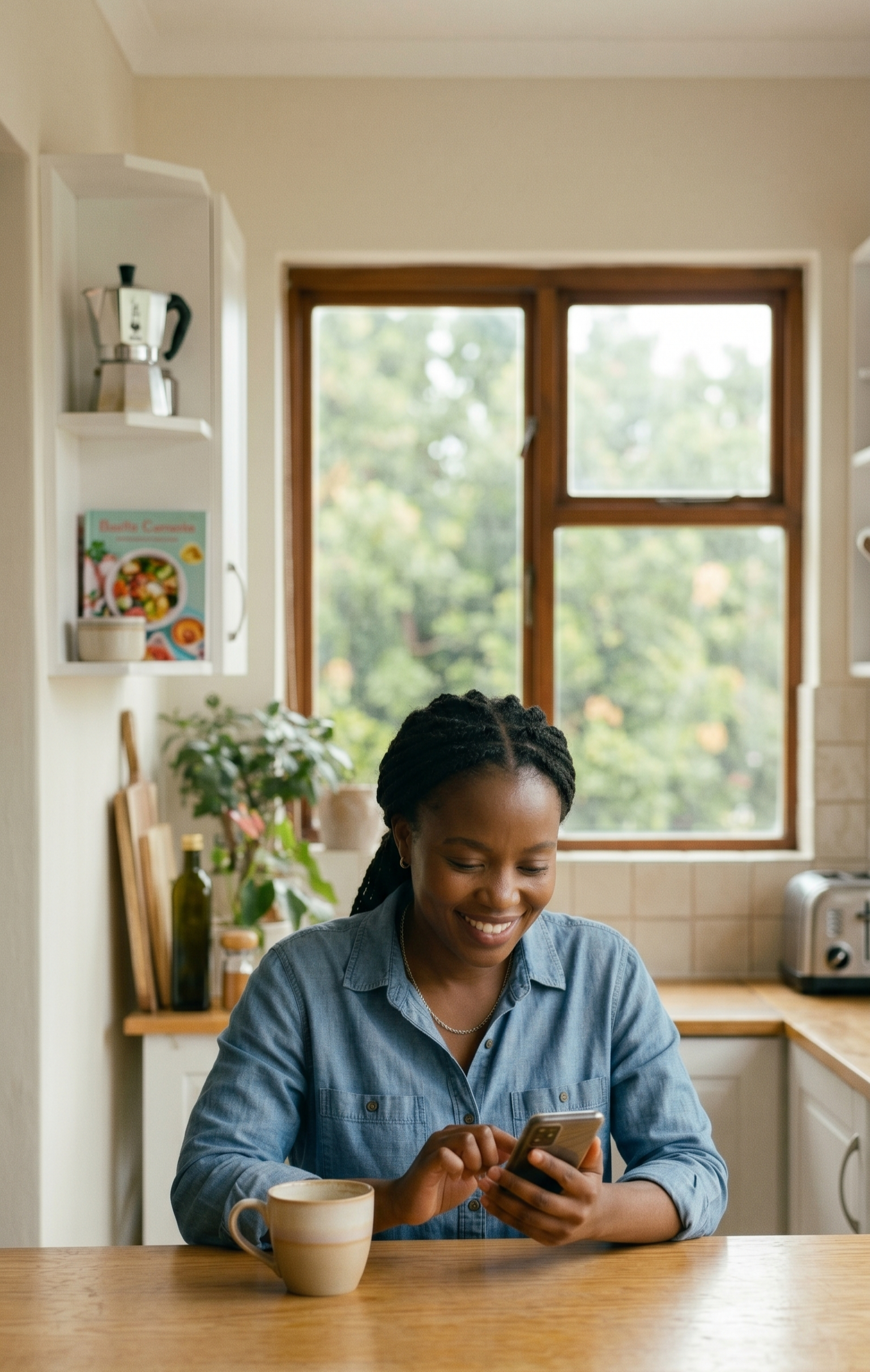 A South African doctor smiling while using her phone at a sunlit kitchen table.