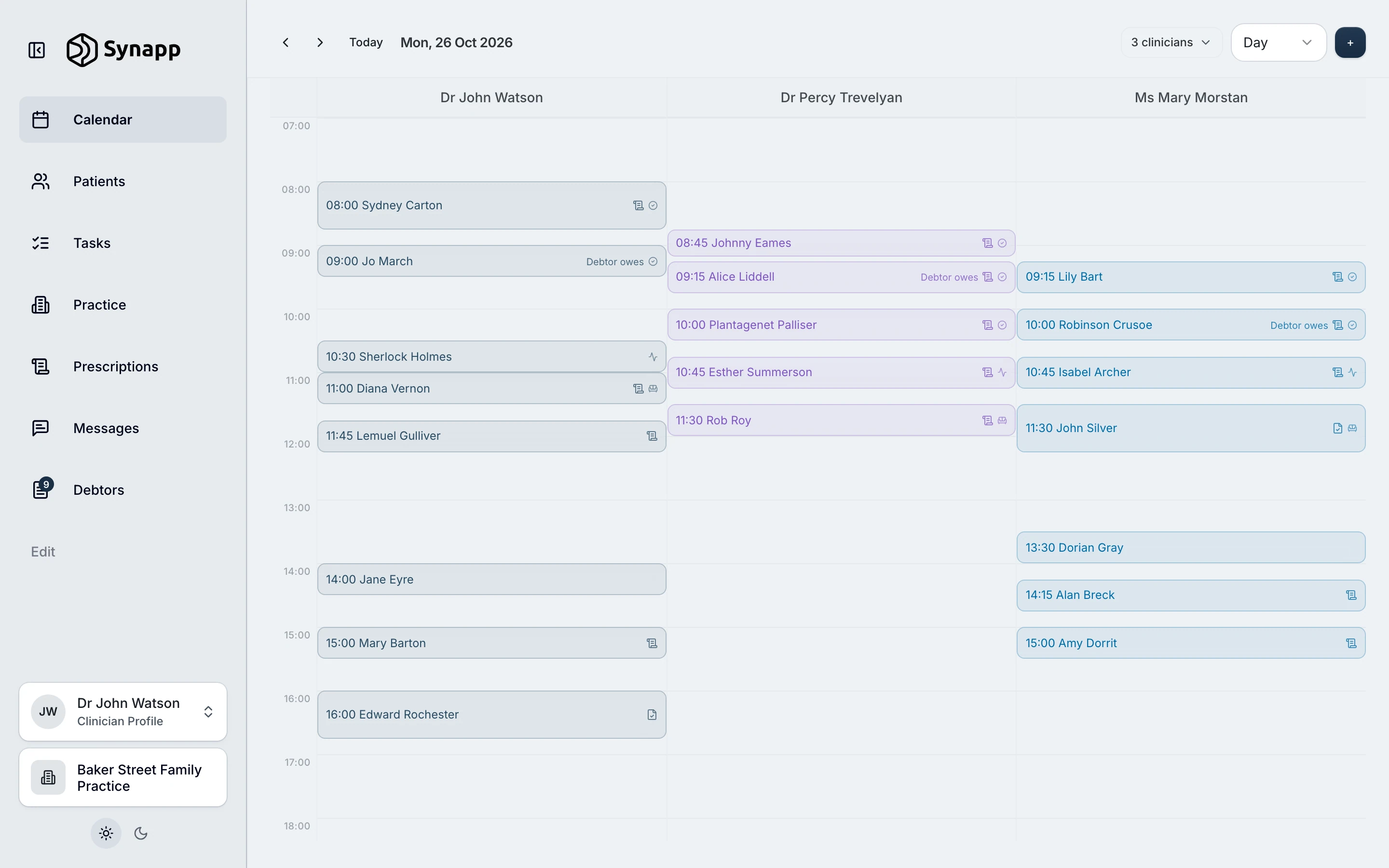 Synapp: today in the practice calendar, each clinician’s visits side by side.