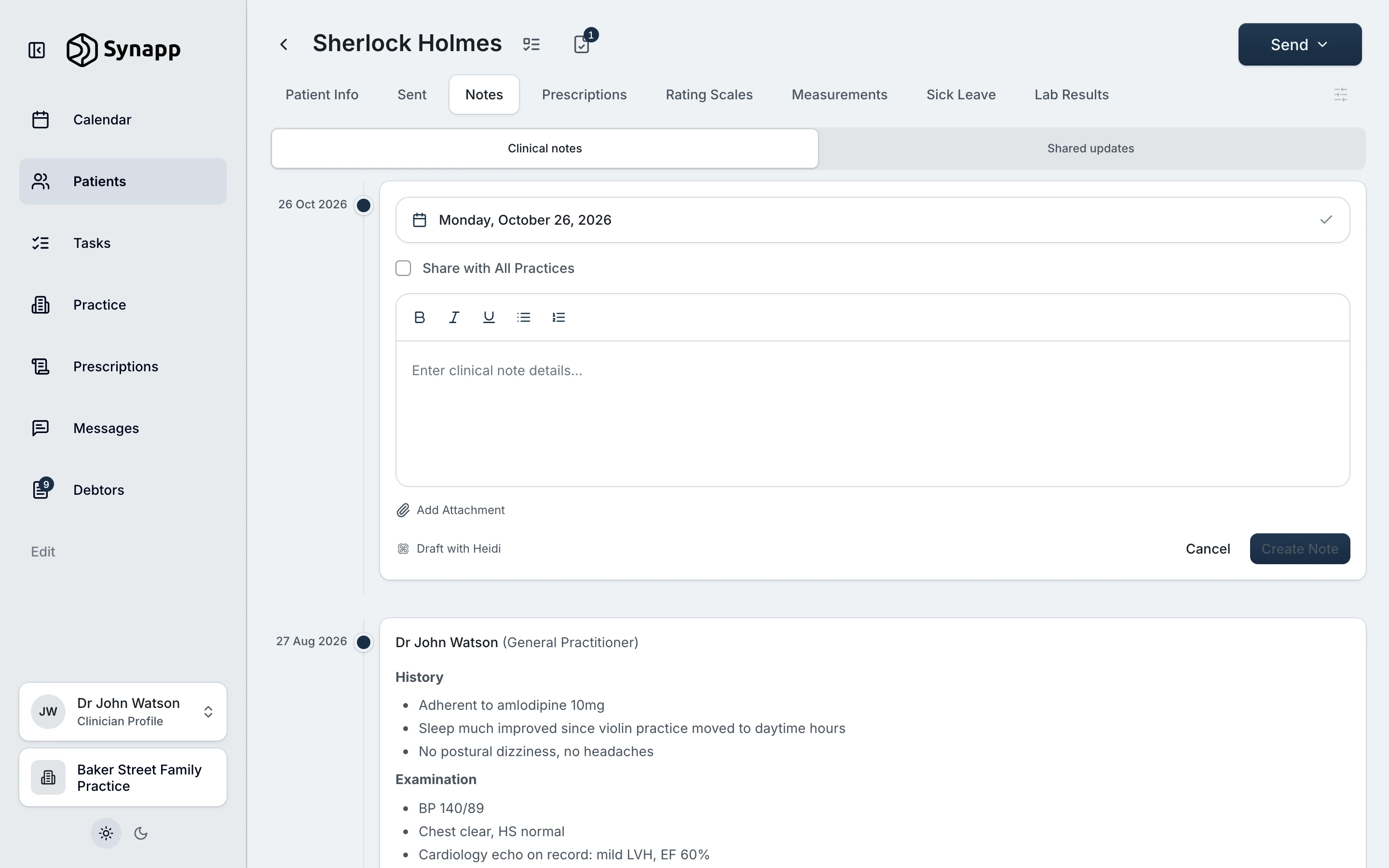 Synapp: a new clinical note open on Sherlock Holmes’s timeline, with Draft with Heidi in the editor.
